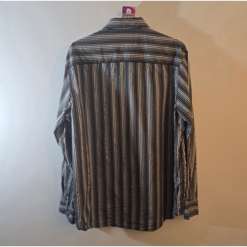 Perry Ellis Mens Long Sleeve Button Up Shirt Black Grey Striped Cotton Size L - Picture 3 of 5